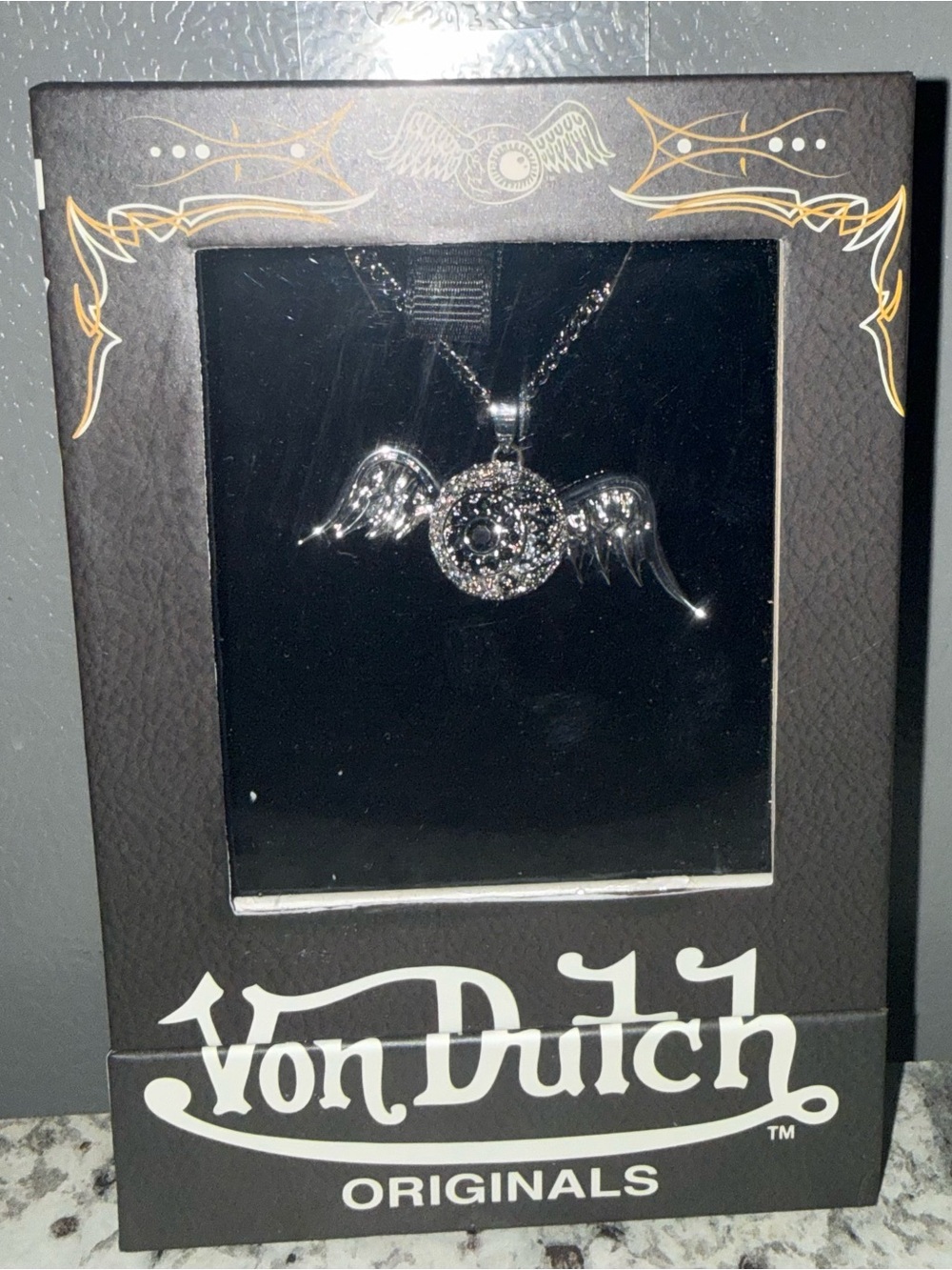 Von Dutch Silver Winged Round Pendant Necklace with Crystal Accent